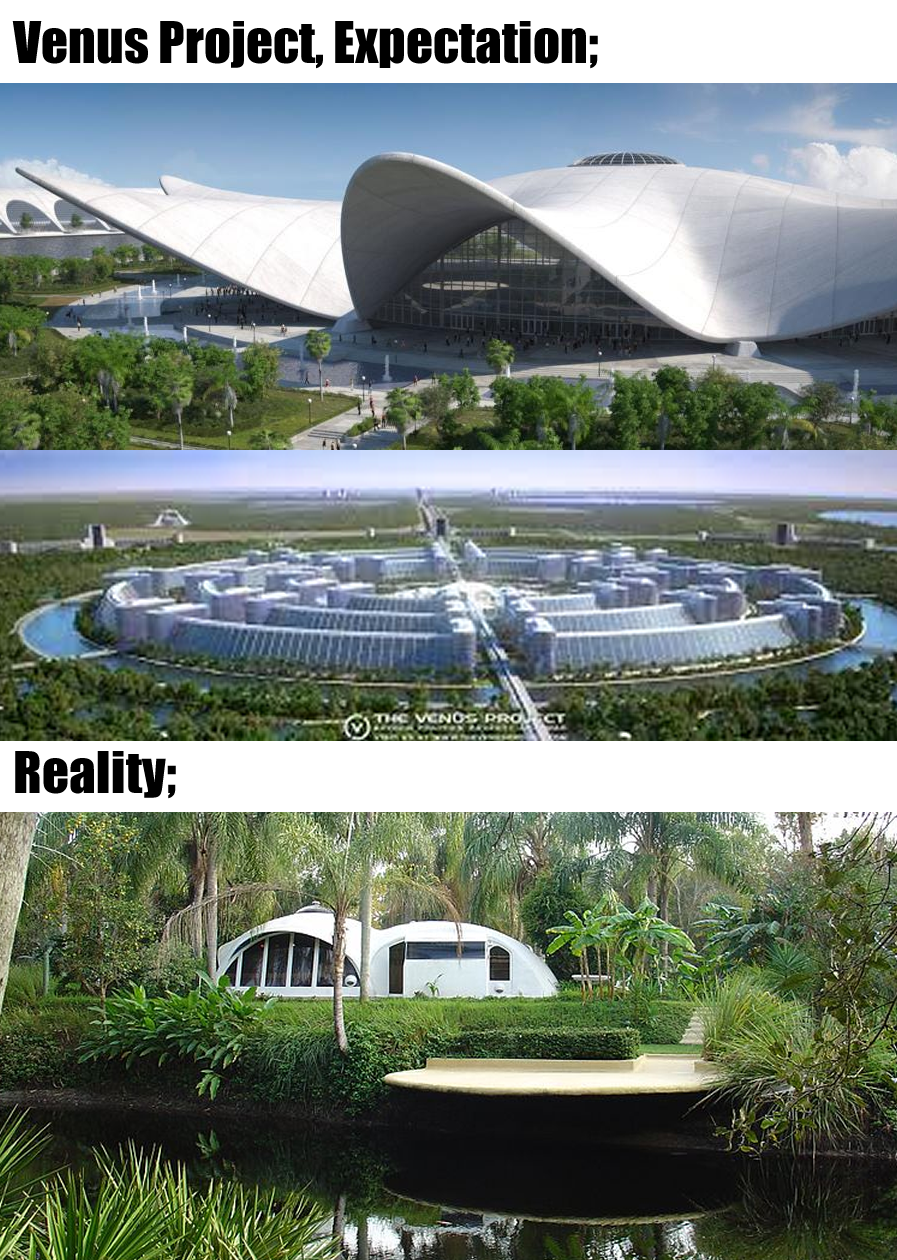 The meme is a humorous comparison between the expected outcome of a project (Venus) and the actual reality. The image shows a futuristic, sleek, and modern cityscape (the "Venus Project") alongside a dilapidated, overgrown, and neglected landscape (the "reality"). The text at the top reads "Venus Project, Expectation" and at the bottom "Reality".